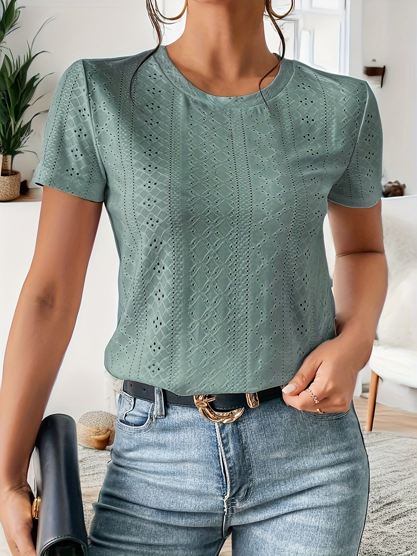 Eyelet Crew Neck T-Shirt, Casual Short Sleeve Top For Spring & Summer, Women's Clothing