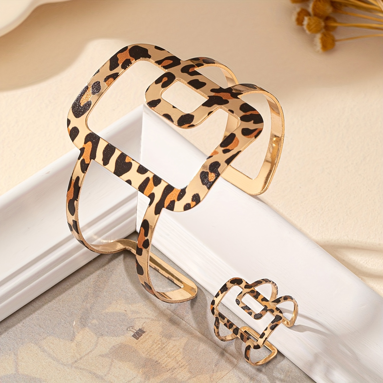 Boho Leopard Print Jewelry Set - Open Bangle & Ring