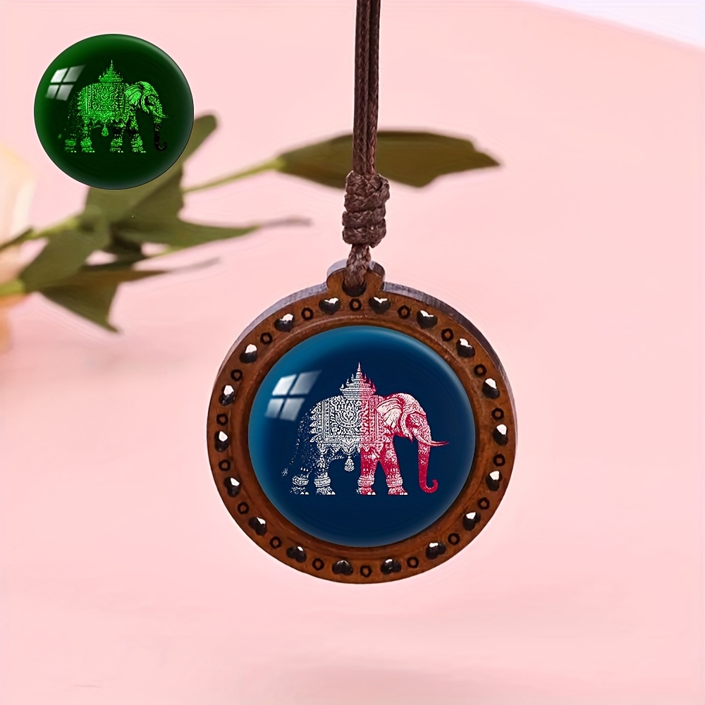 Thai Elephant Pattern Wooden Pendant Necklace, Unisex Gift