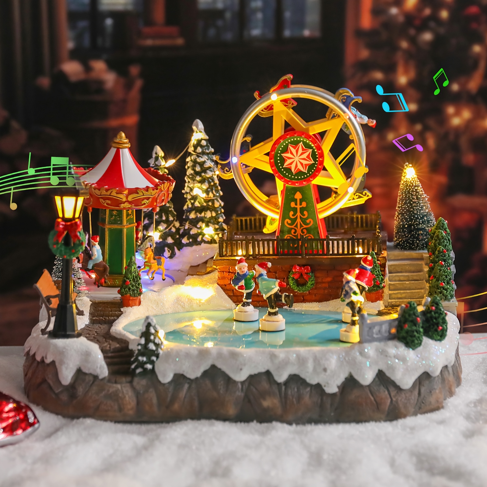 TEMU 1pc Christmas Village Amusement Park With Moving , Light Up Rotating Animated Carousel And Wheel With Music For Indoor Holiday Xmas Tabletop