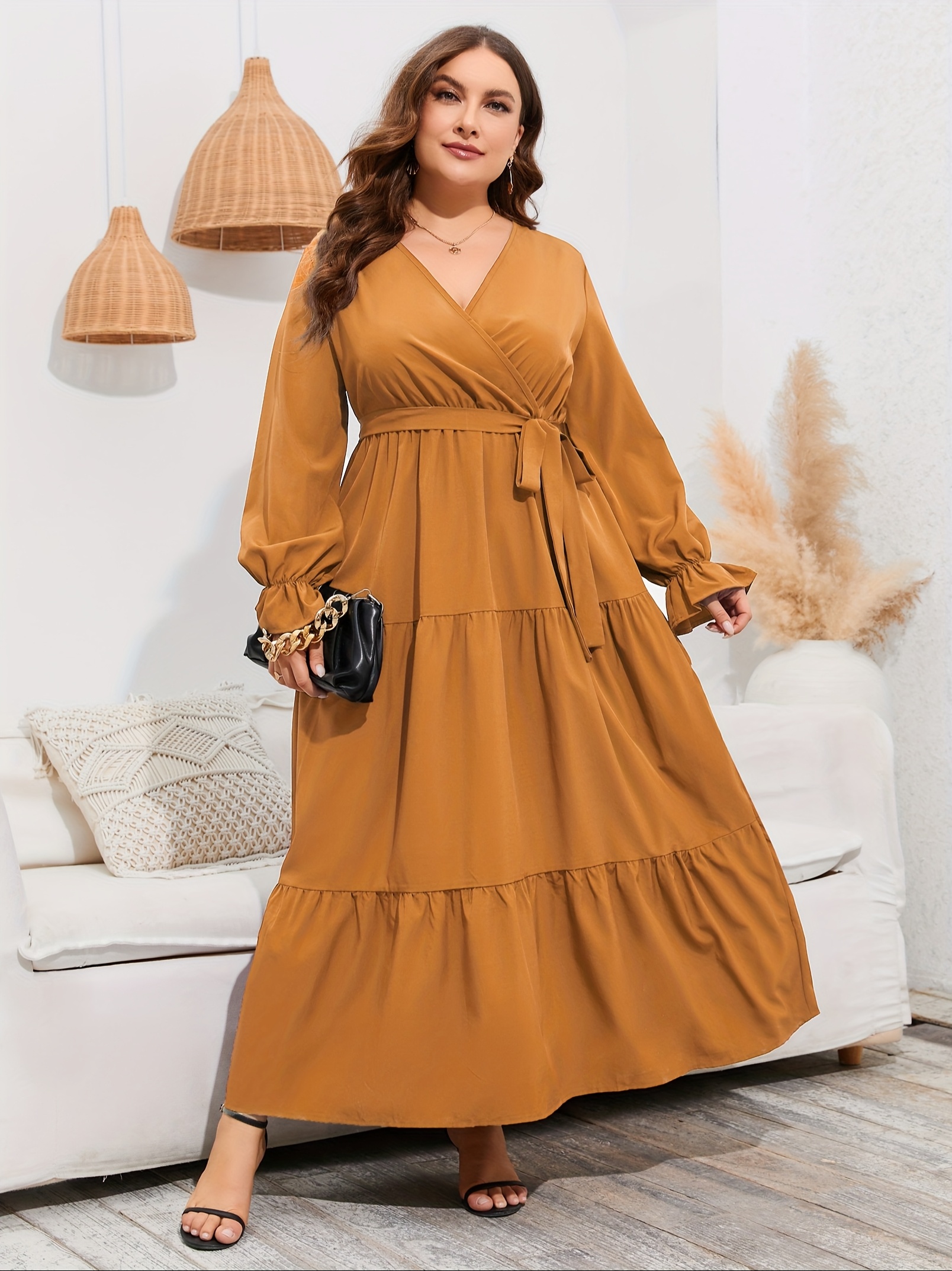 womens plus size v neck wrap long sleeve maxi dress high - Temu