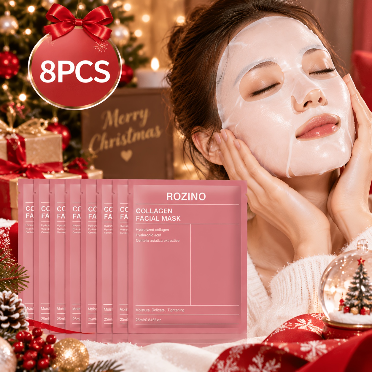 TEMU 8pcs Collagen Facial Mask Set, Hydrating Sheet Masks With Hyaluronic Acid & Centella Asiatica, Moisturizing Face Care For Soft Fresh-looking