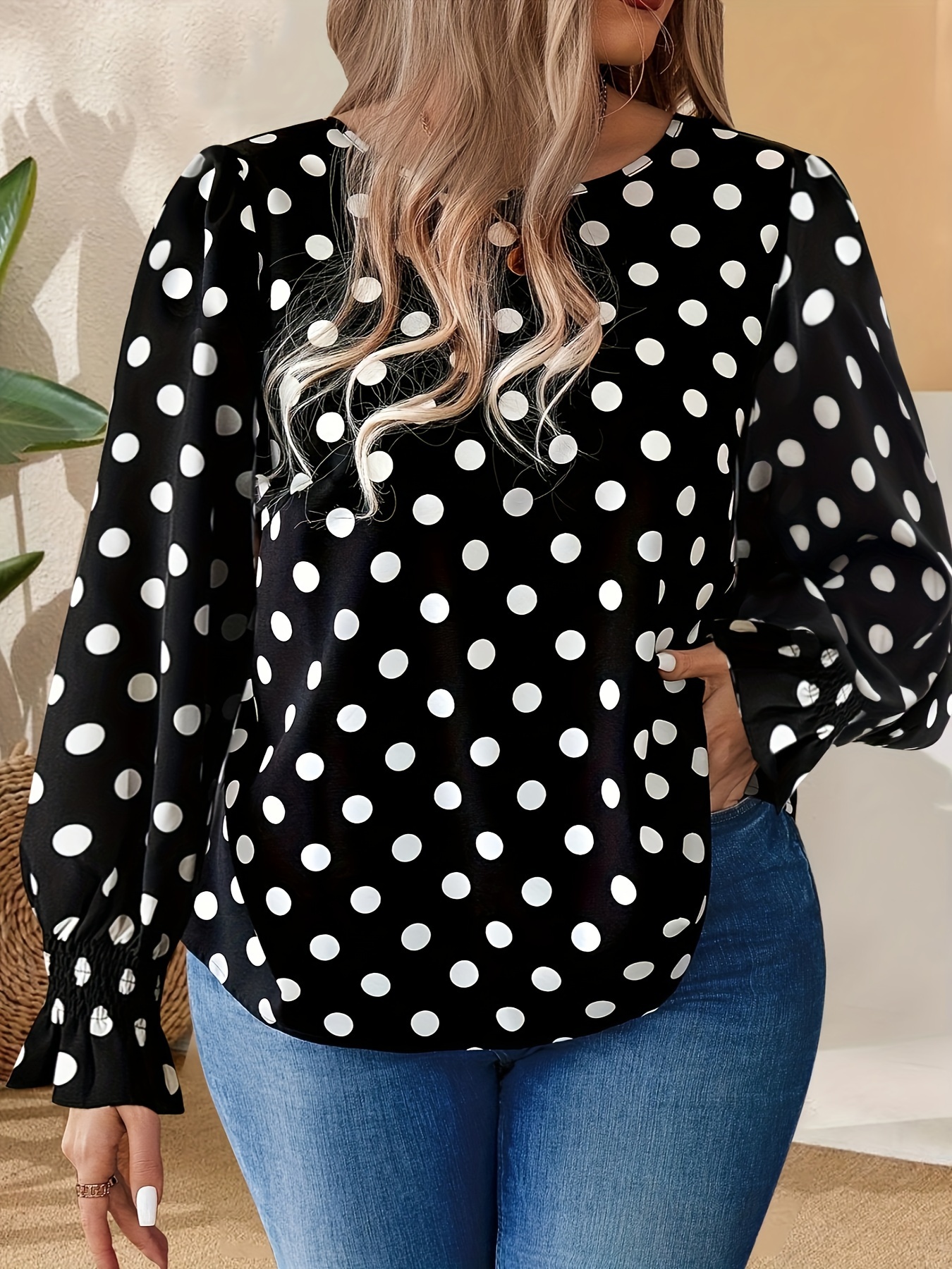 plus size polka dot print bow back blouse elegant ruffle Temu Kuwait