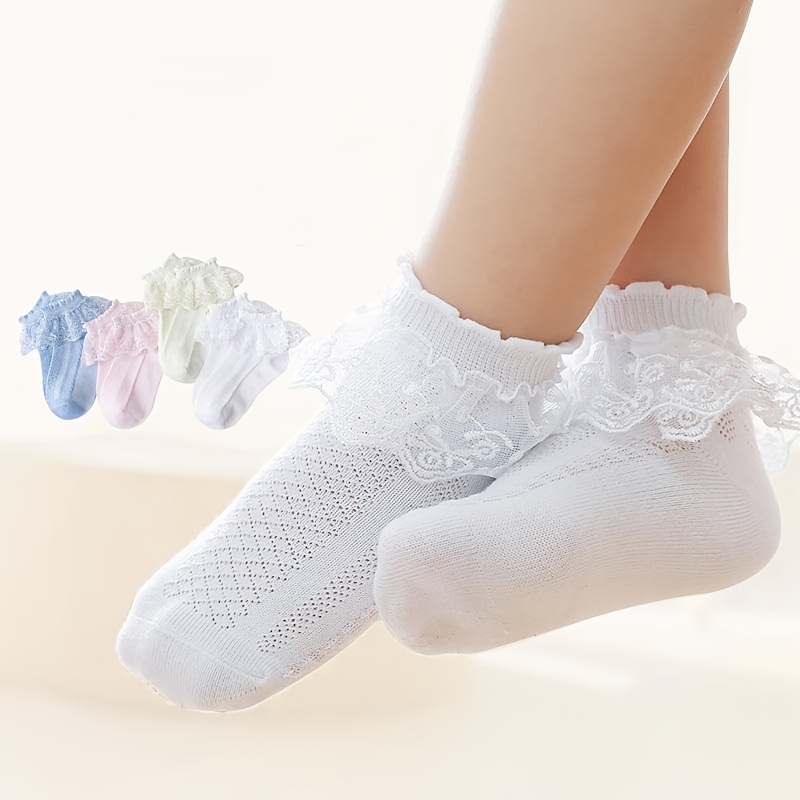 

4 Pairs Of Girl's Lace Ruffle Frilly Trim Crew Socks, Breathable Cotton Blend Comfy Dance Princess Socks