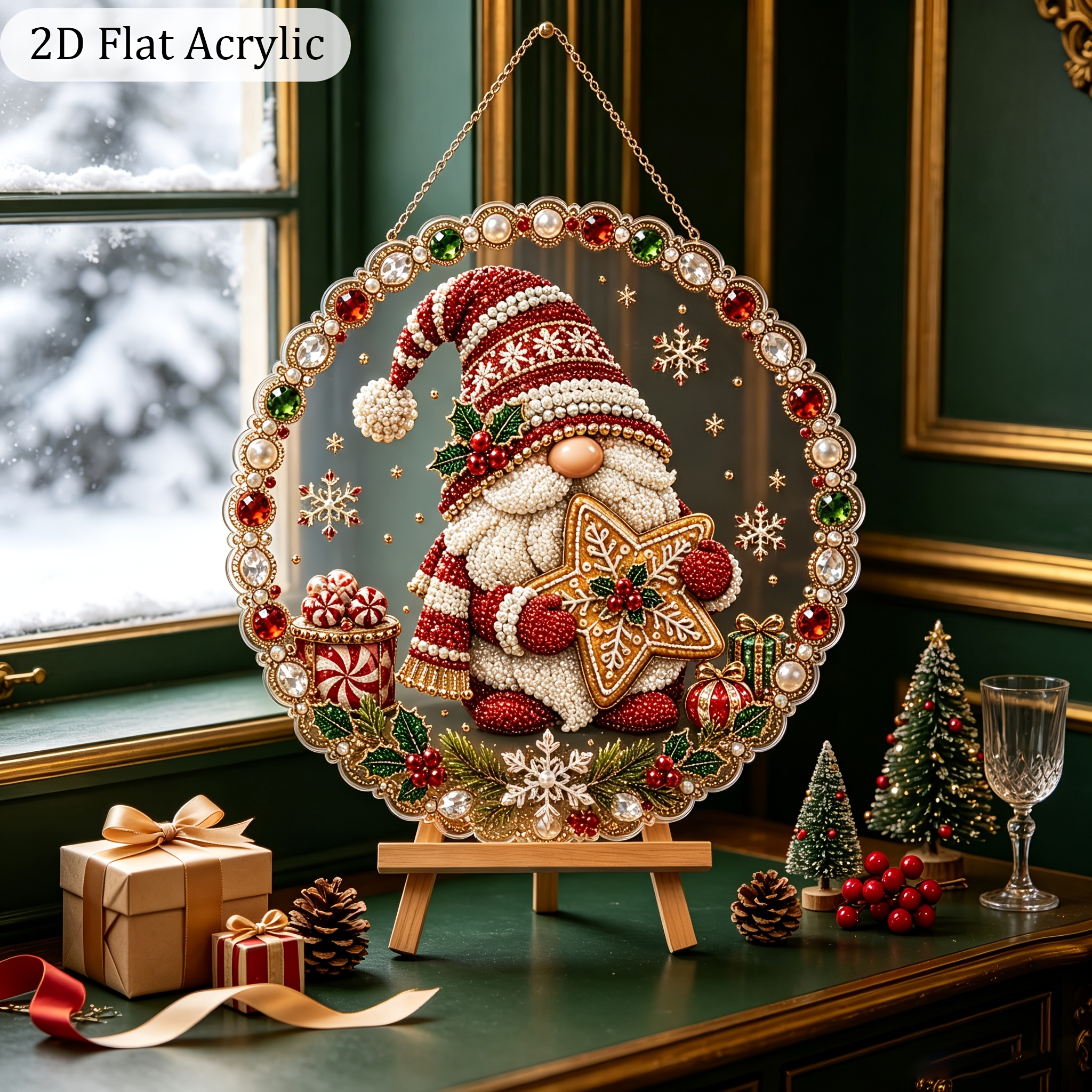 TEMU 2D Plat - 2D/Platte Print Acryl Kerst Gnome Parel Decoratieve Schildering 3D Parel Diamant Schilderen Zonneschijf Set, 2DFLAT Nieuwe Parel