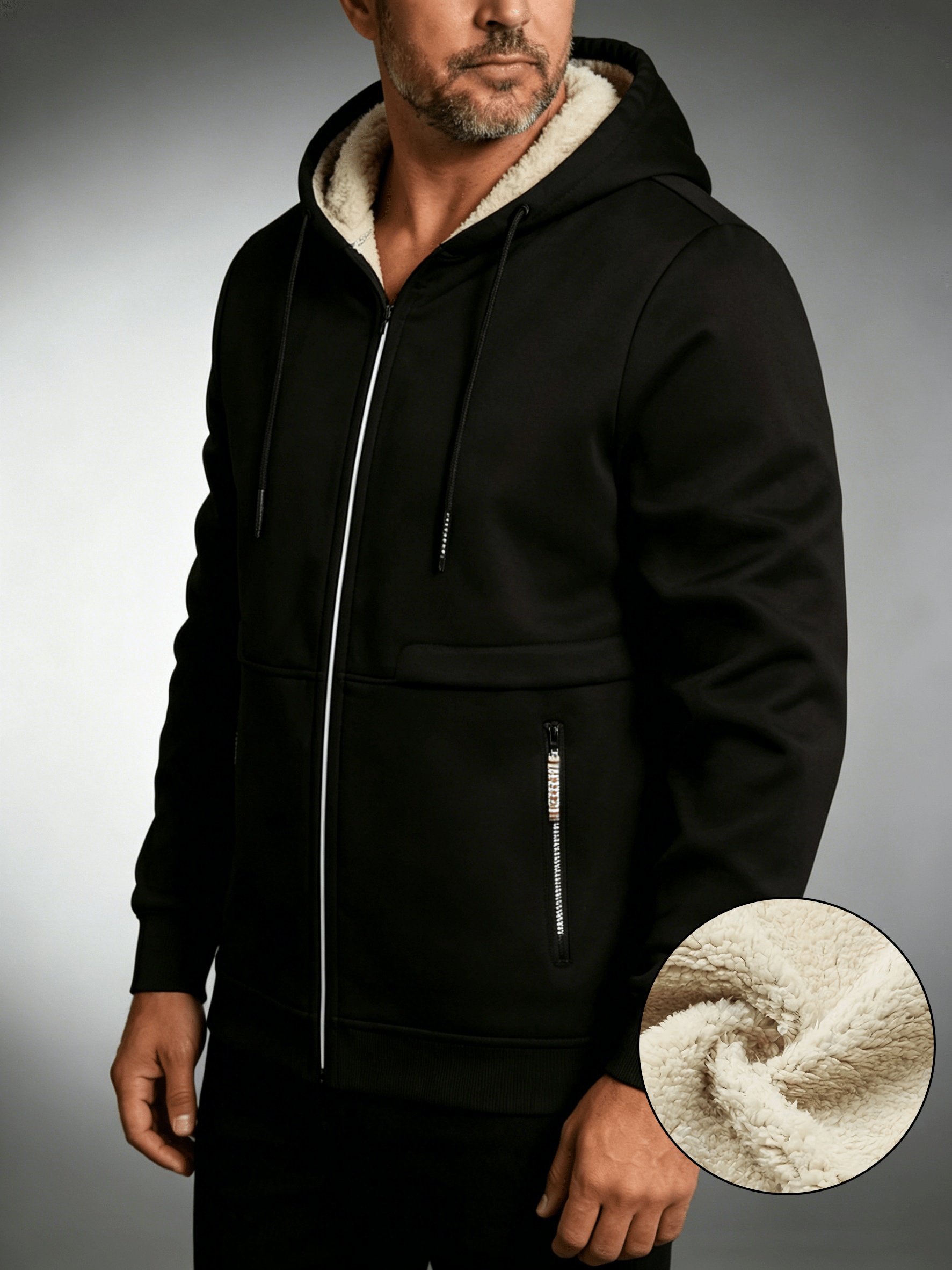 mens fashion lined hooded jacket warm comfortable solid color zipper autumn winter casual fiber coat with drawstring hood cold weather clothing fashion hooded jacket fleece lined hoodie