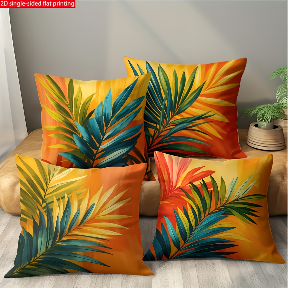 TEMU 4pcs Leaf Cushion Covers Suitable For Sofa Bed Chair Decor, Turquoise Green/orange/mustard Yellow & Teal Blue Monstera Pillowcases With Zipper