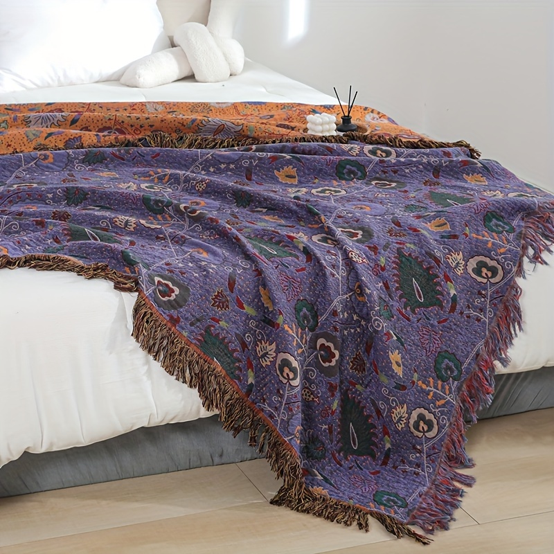 

1pc Bohemian Floral Throw Blanket With Tassel, Peacock Pattern, Soft Comfort, Versatile For Napping Air Conditioning Couch Cover