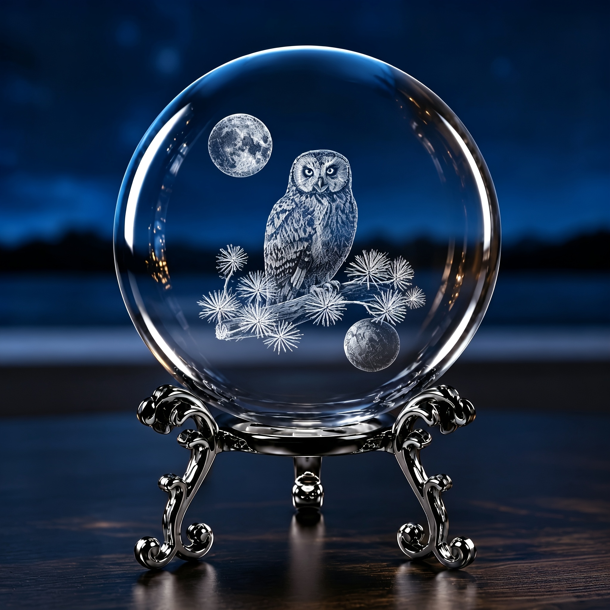 TEMU Elegant 3d Owl Crystal Ball Ornament, Featuring A Vintage Silvery Base And Branch Design - High Sphere, Suitable For Home, Office, And Desktop
