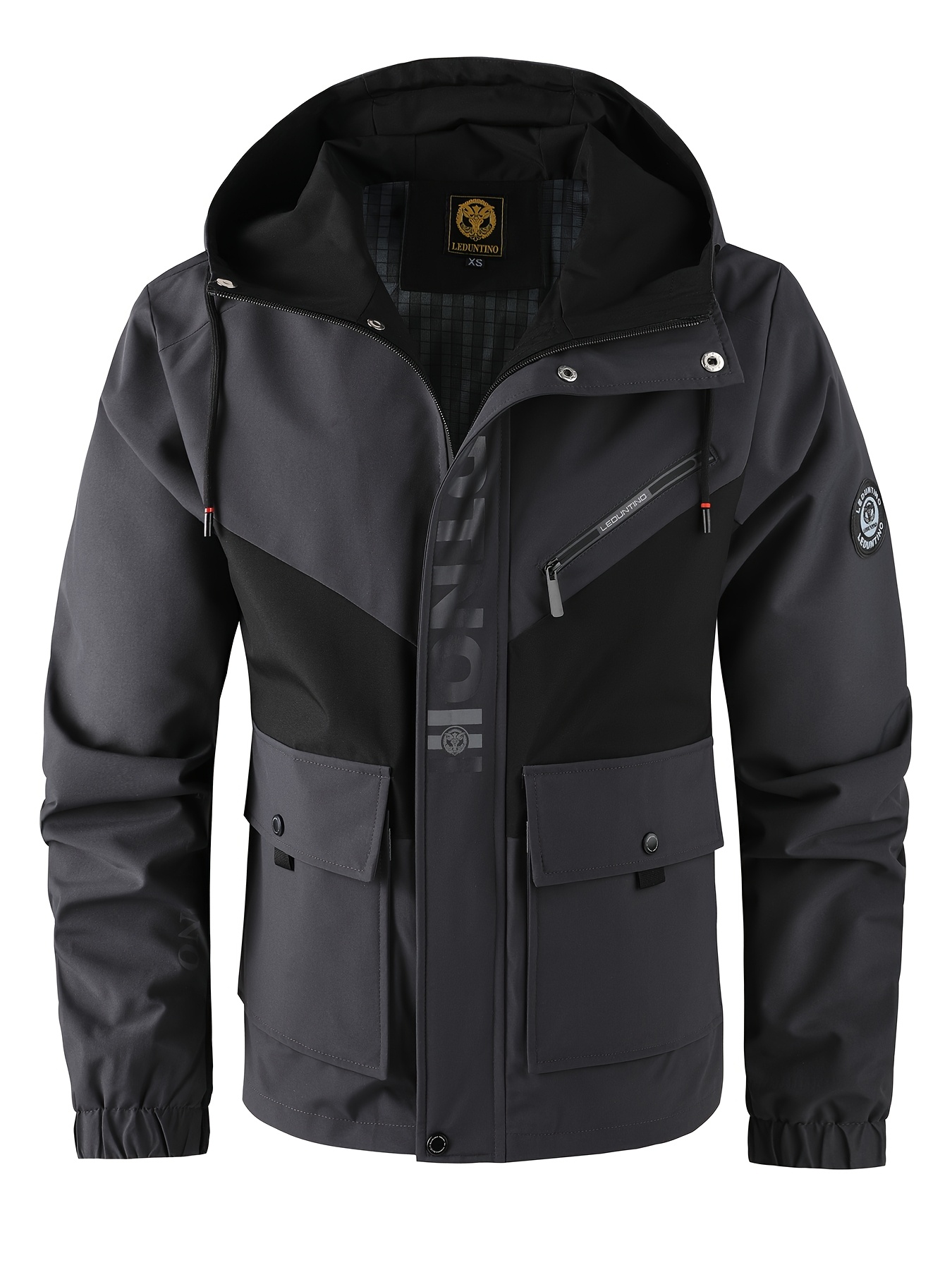 Chaqueta con capucha casual para hombre, diseño de moda al aire libre con múltiples bolsillos, contraste de colores, doble bolsillo - chaqueta ligera de cuadros para primavera y otoño, ropa moderna urbana, costura de alta calidad, tejido de poliéster, estilo callejero