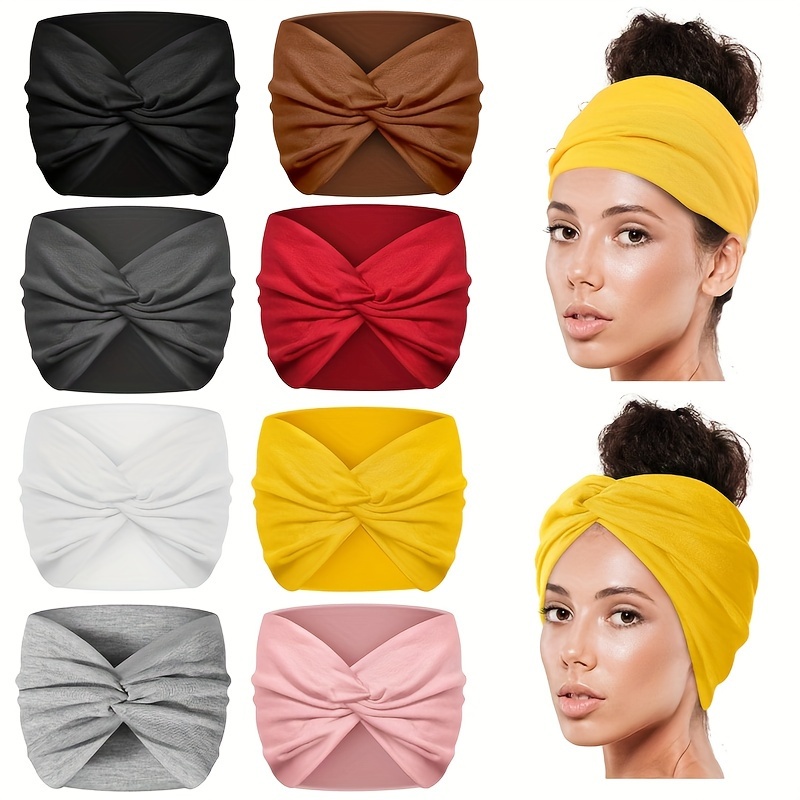 

8pcs/pack Women's Wide Headbands, Solid Color Knot Turban, Large Bohemian Style Hair Accessories, Multi-functional Hairbands For Yoga, Running, Sports
