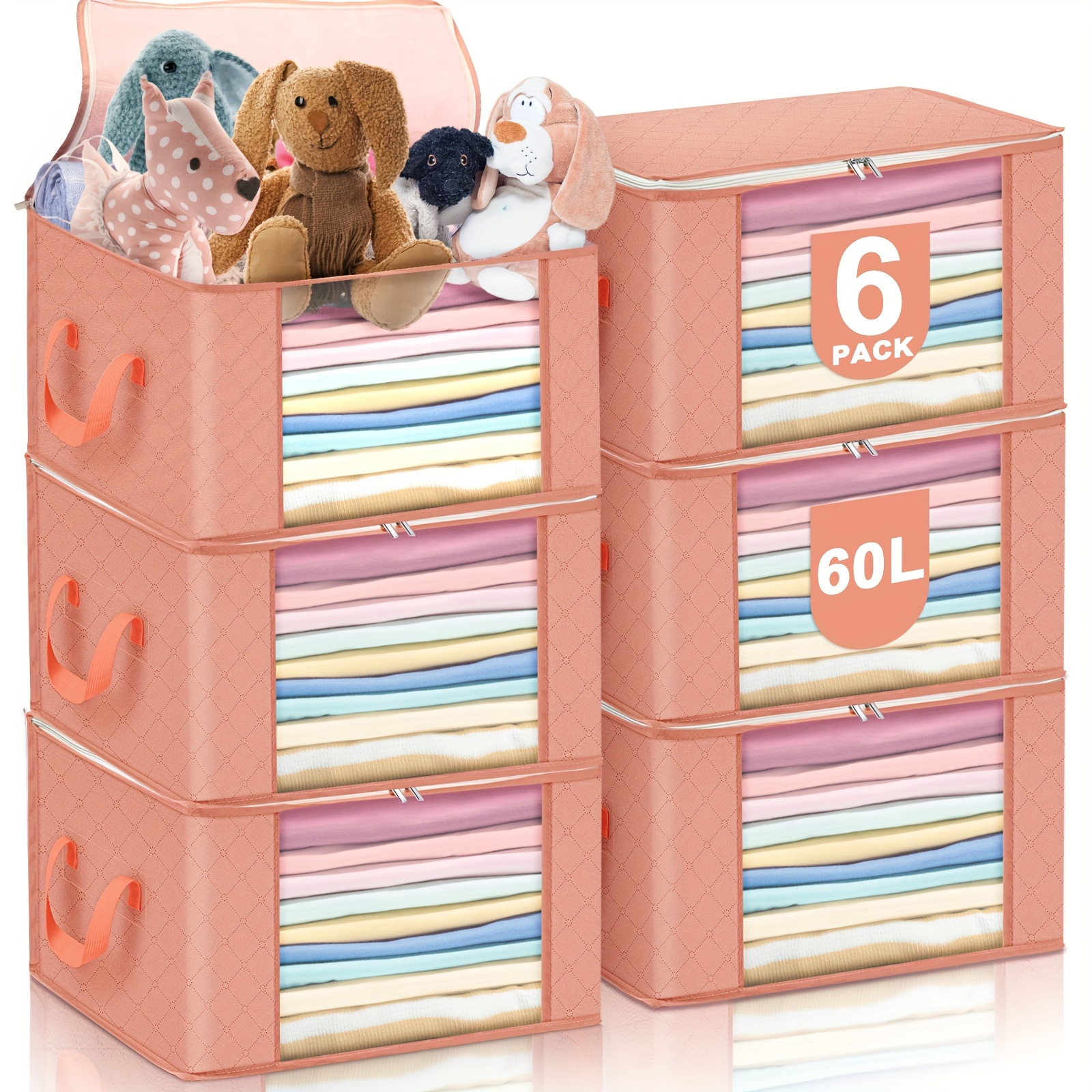 

6 Pack 60l Large Pastel Storage Bag Foldable Storage Bins Container With Handle Zipper Organized Stuffed Toys Seasonal Clothes Bed Blanket Sheet Pillow For Kids Room (peach)