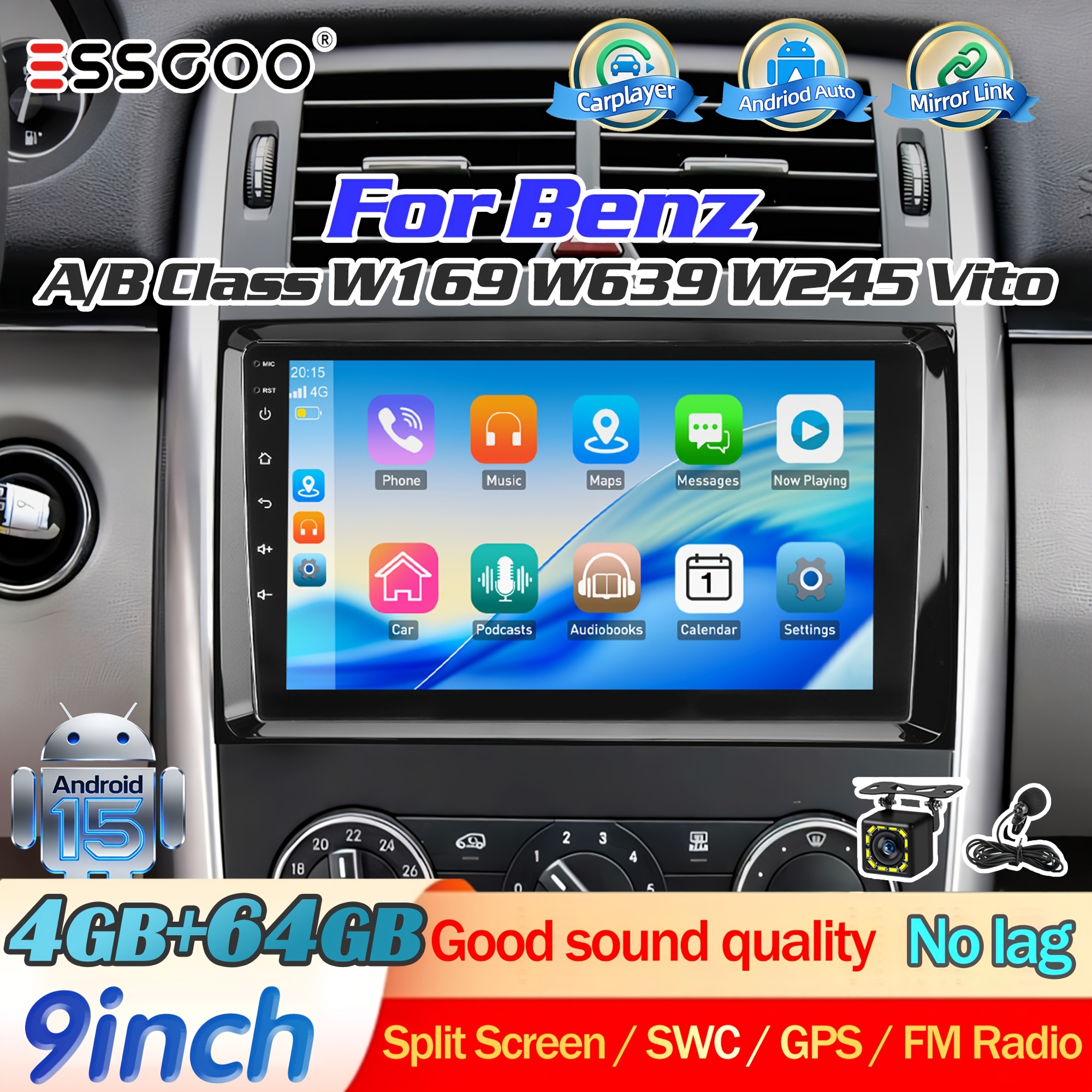 Image of Essgoo [new Uprade] 9" 15 For Mercedes-benz W169 W245 W639 | 4+64gb Large Storage | & Auto | Split-screen Gps Navigation | Asp Sound Enhancement | Rear Camera Support | Steering Wheel Control |