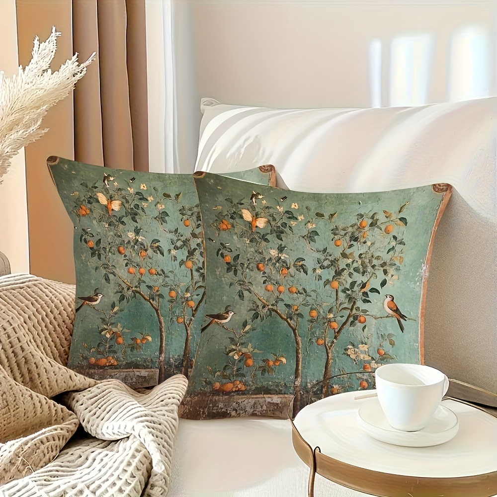 TEMU 2pcs, Double-sided Printed Short Plush Cushion Cover 45.72x45.72cm, 2d Flat Printing, Pine Peaches And Trees Flying In The Garden, For Sofas,