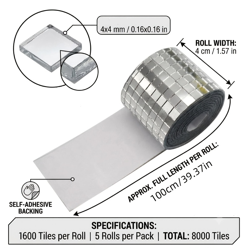 TEMU 8000pcs 4x4mm Square Mosaic Mirror Tiles Disco Ball Mirror Glass Self-adhesive Sticker Craft Kit, 1600pcs Per Roll, 5 Rolls In Total, Suitable