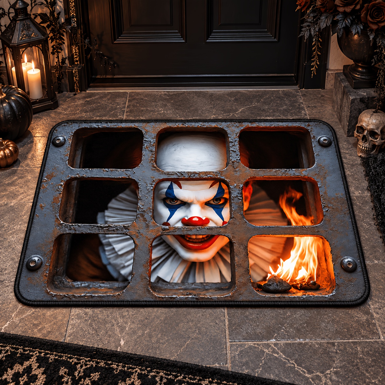 TEMU A Washable Doormat Featuring A Clown Face With A Metal Grille Behind It And Burning Flames. Suitable For , Front Doors, , Kitchens, Bathrooms,