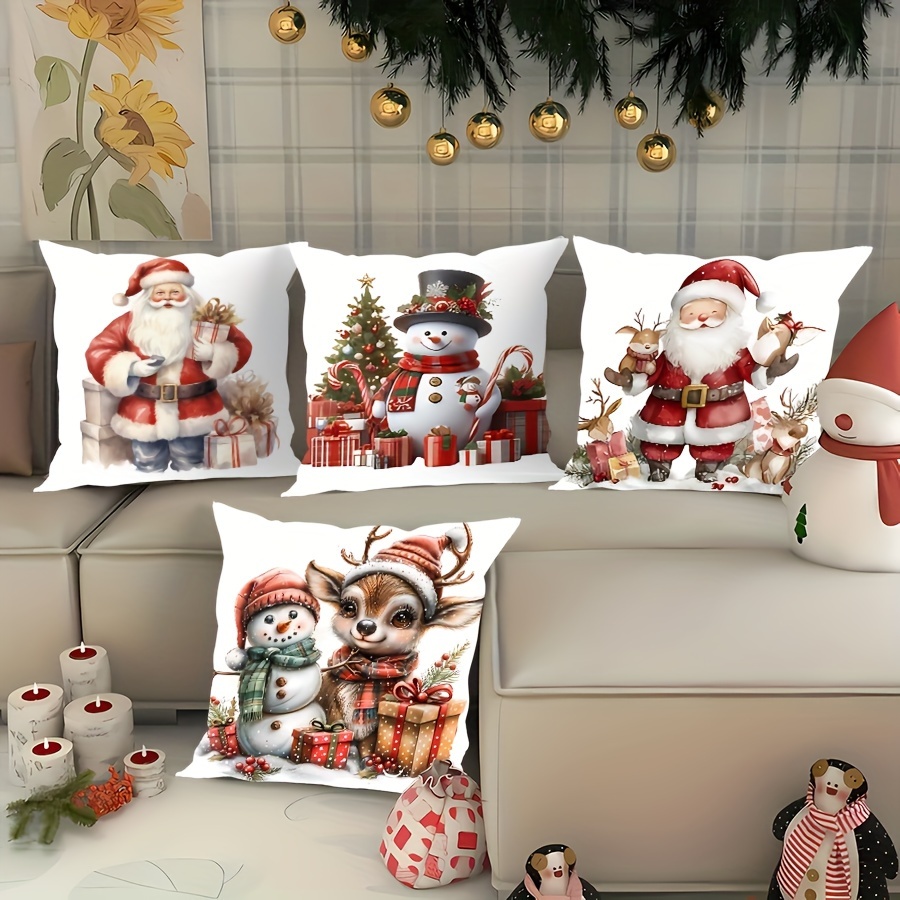 

4pcs Set Christmas Velvet Throw Pillow Covers With Santa & Snowman Designs - Reindeer Print, Zippered Polyester Cushion Cases For Sofa And Bedroom Decor, Machine Washable