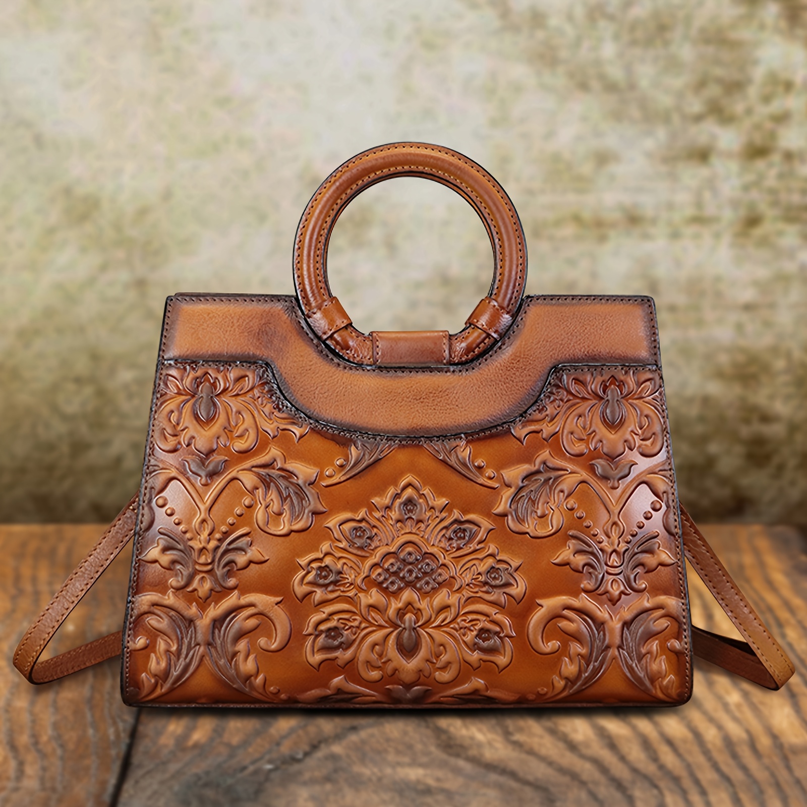 QWQ Women' Genuine Leather Handbag & Purse - Top-Grain Cowhide Vintage Satchel Bag with Detachable Crossbody/Shoulder Strap, Embossed Full-Price Genuine Leather Bag (No Cheapen Additions) for, Travel, Everyday Use -