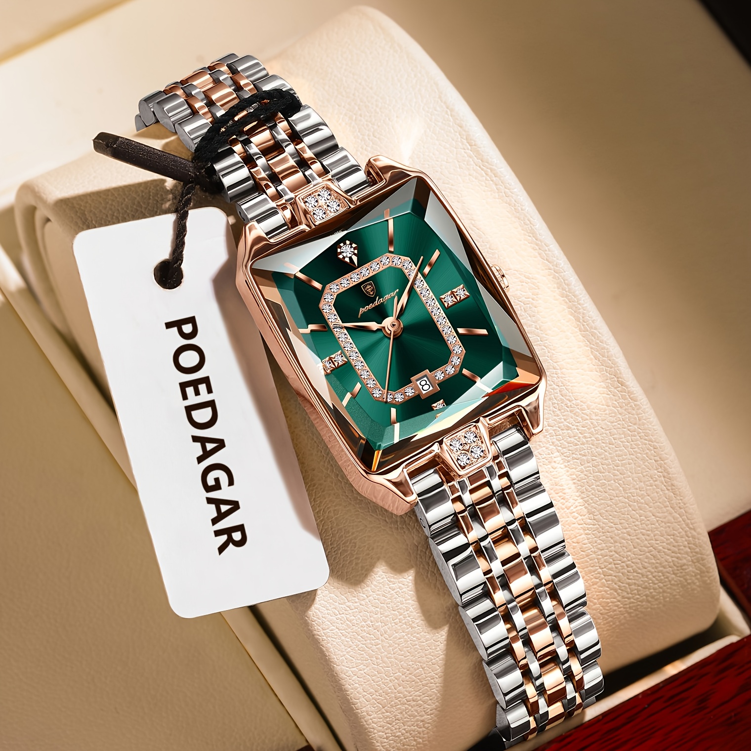 Elegant Waterproof Stainless Steel Square Quartz Ladies Watch with Calendar