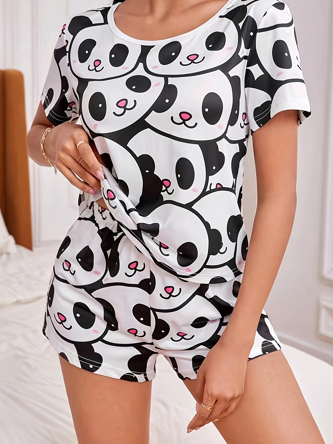 Women's Cute Panda Print Pajama Set Short Sleeve Round Neck - Temu
