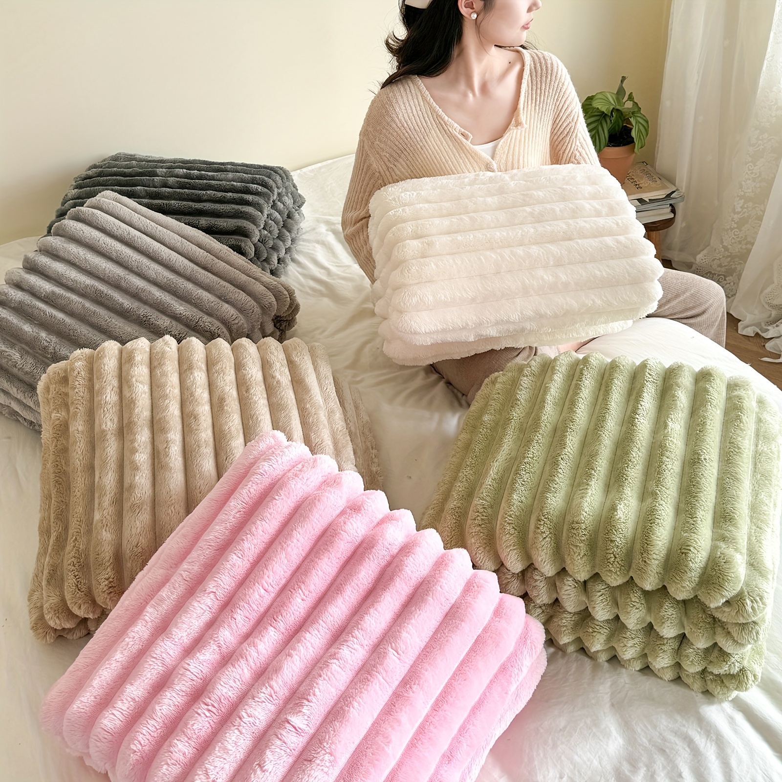 

Striped Flannel Throw Blanket - Lightweight, For Couch, Bed, Office, And Travel - Pink, Cozy Blanket