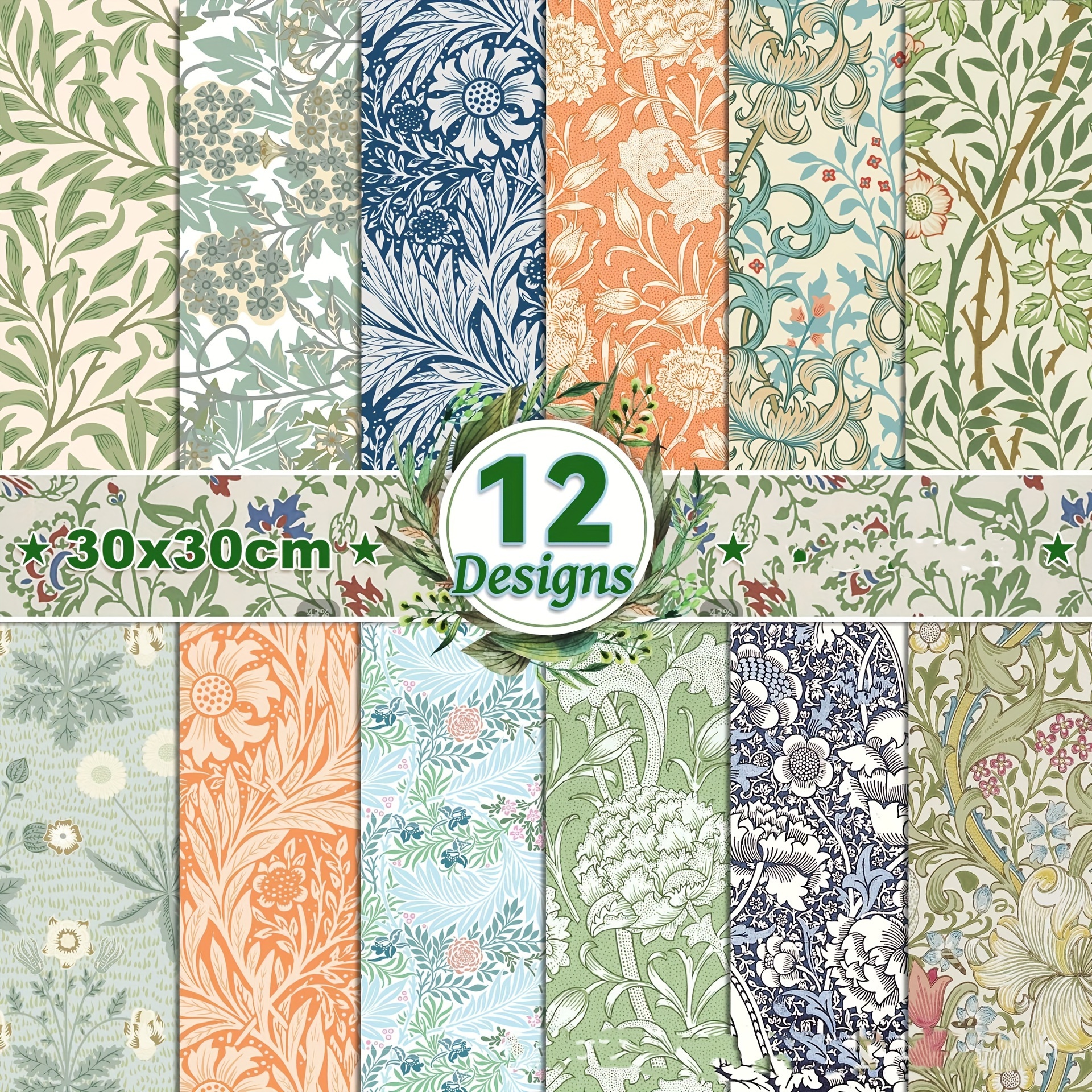 

12pcs Papier à Motif William Morris pour Scrapbooking Floral, Papier Spécial Rétro Recto-Verso pour Loisirs Créatifs, pour la Fabrication de Cartes DIY et la Décoration d'Albums, 11.8 x 11.8 Pouces