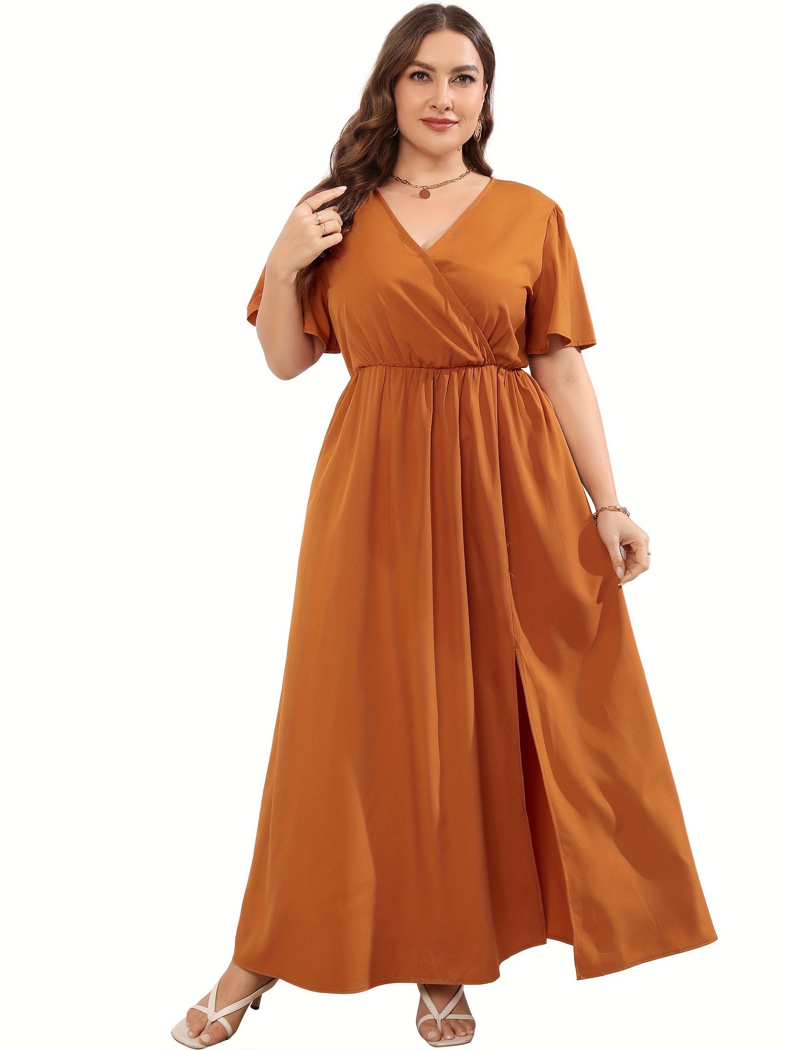 white christmas dresses Plus Size Floral Flutter Sleeve Maxi Dress with Button Front Pastel Yellow / 4XL main image 0