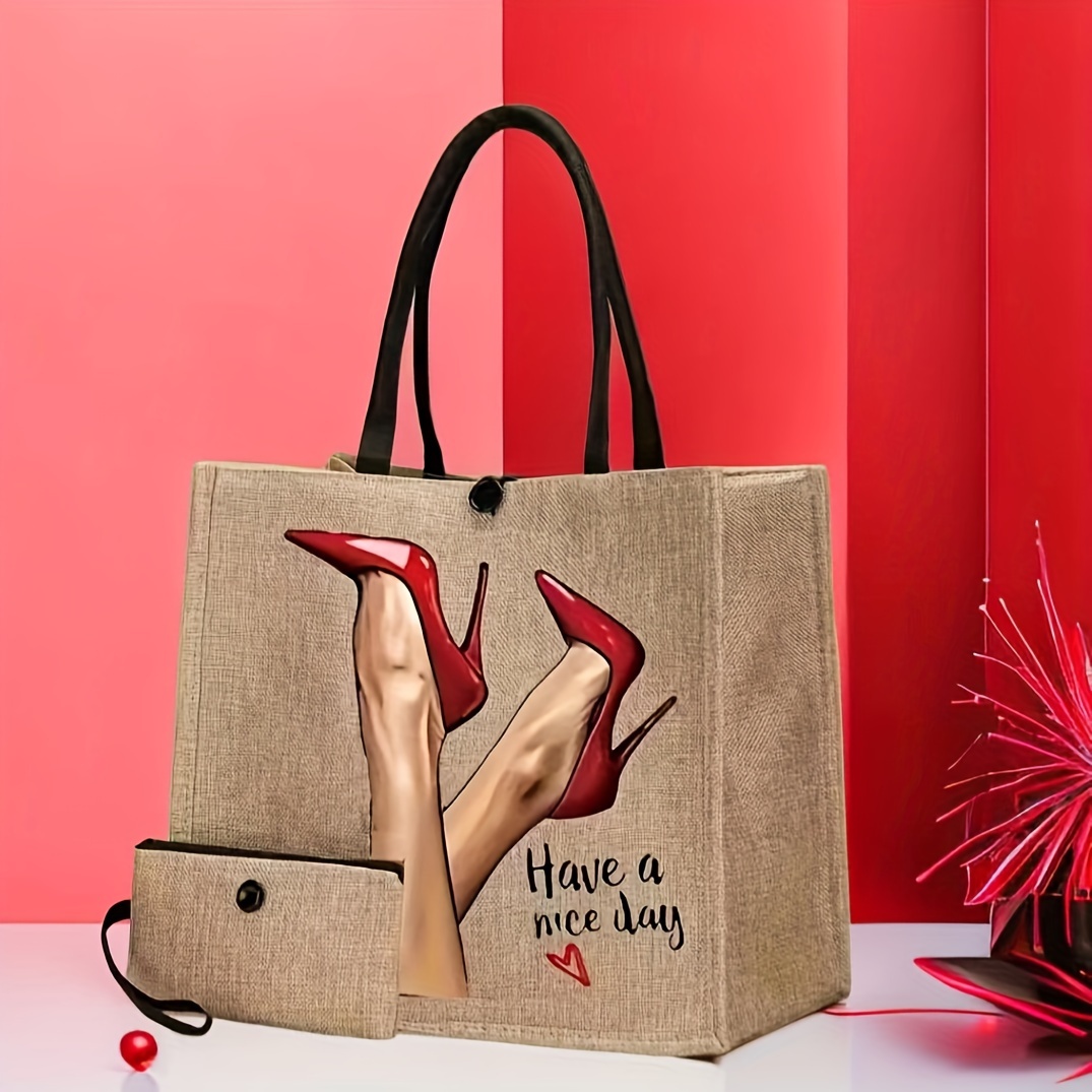 

Fashion High-heels Print Tote Bag Set, 2pcs Burlap Shoulder Bag, Lightweight Shopping Bag With Coin Purse, Travel Beach Bag
