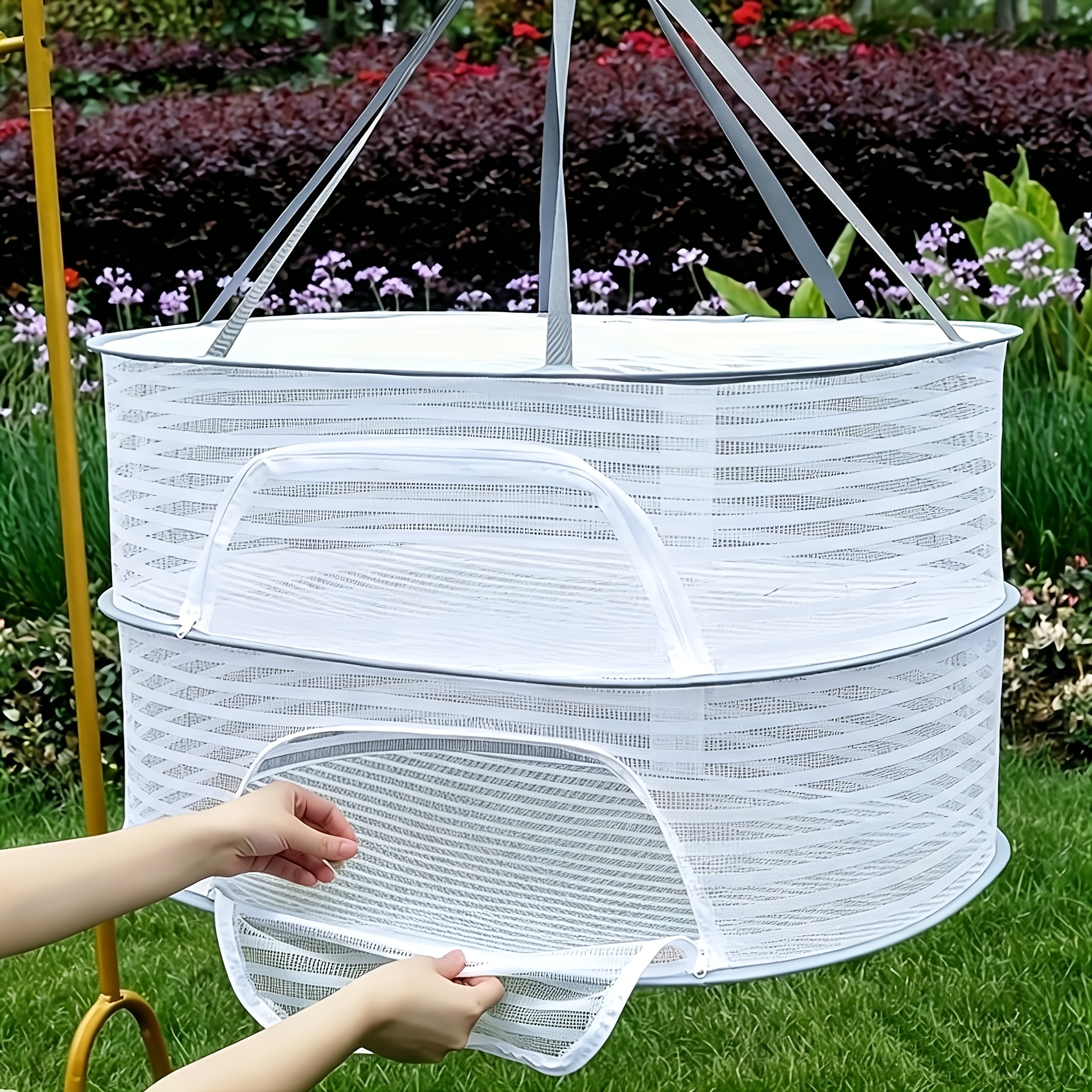 TEMU [laundry Basket And Drying Rack 2-in-1] 1 Pack 1-3 Layer Hanging Mesh Bags, Drying Rack, Foldable Hanging Mesh Bag With Zipper, Outdoor Drying