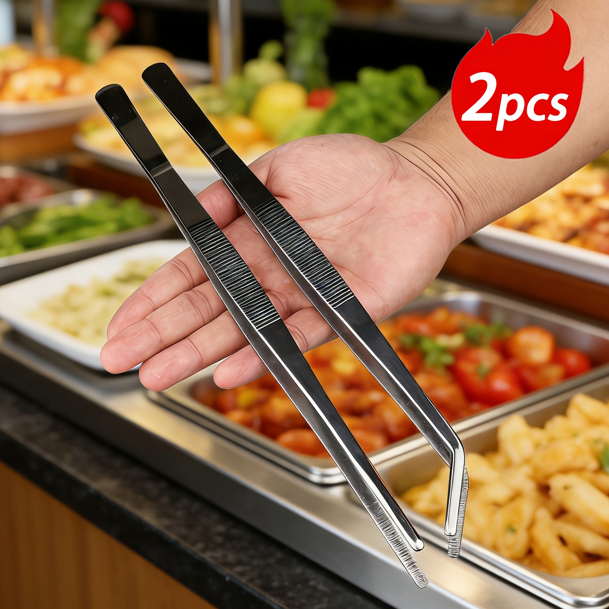 TEMU 2pcs Set, Including Straight Tweezers And Angled Tweezers, Salad Tongs, And Barbecue Tongs. Space. Made Of High-quality Stainless Steel For .