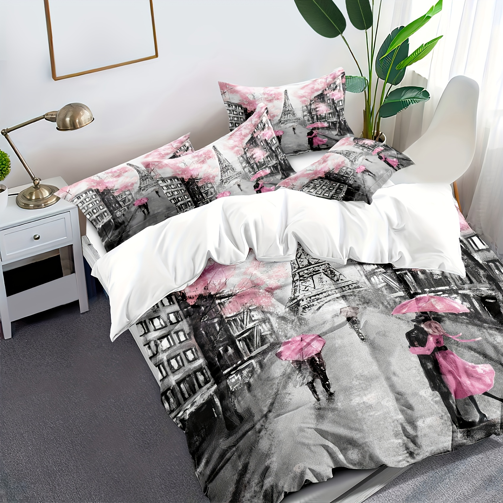 TEMU Modern Minimalist Pink Romantic Bedding Featuring A Design Of Strolling In Paris , With A Washable Polyester Duvet Cover Soft And Comfortable,