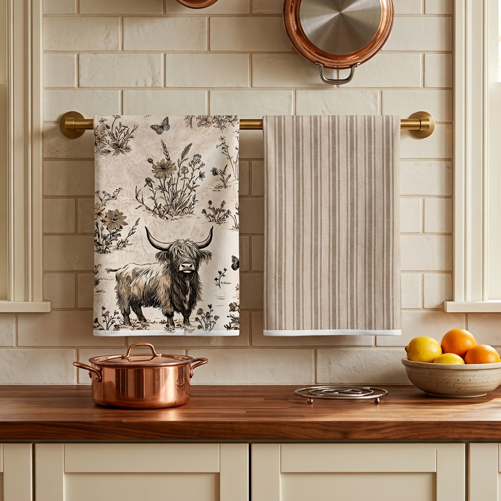 TEMU 2-pack Highland Cow French Ticking Stripe Kitchen Towels, Farmhouse Botanical Tea Towels, Ultra-absorbent Quick-dry Cloth For Oven & Dishwasher