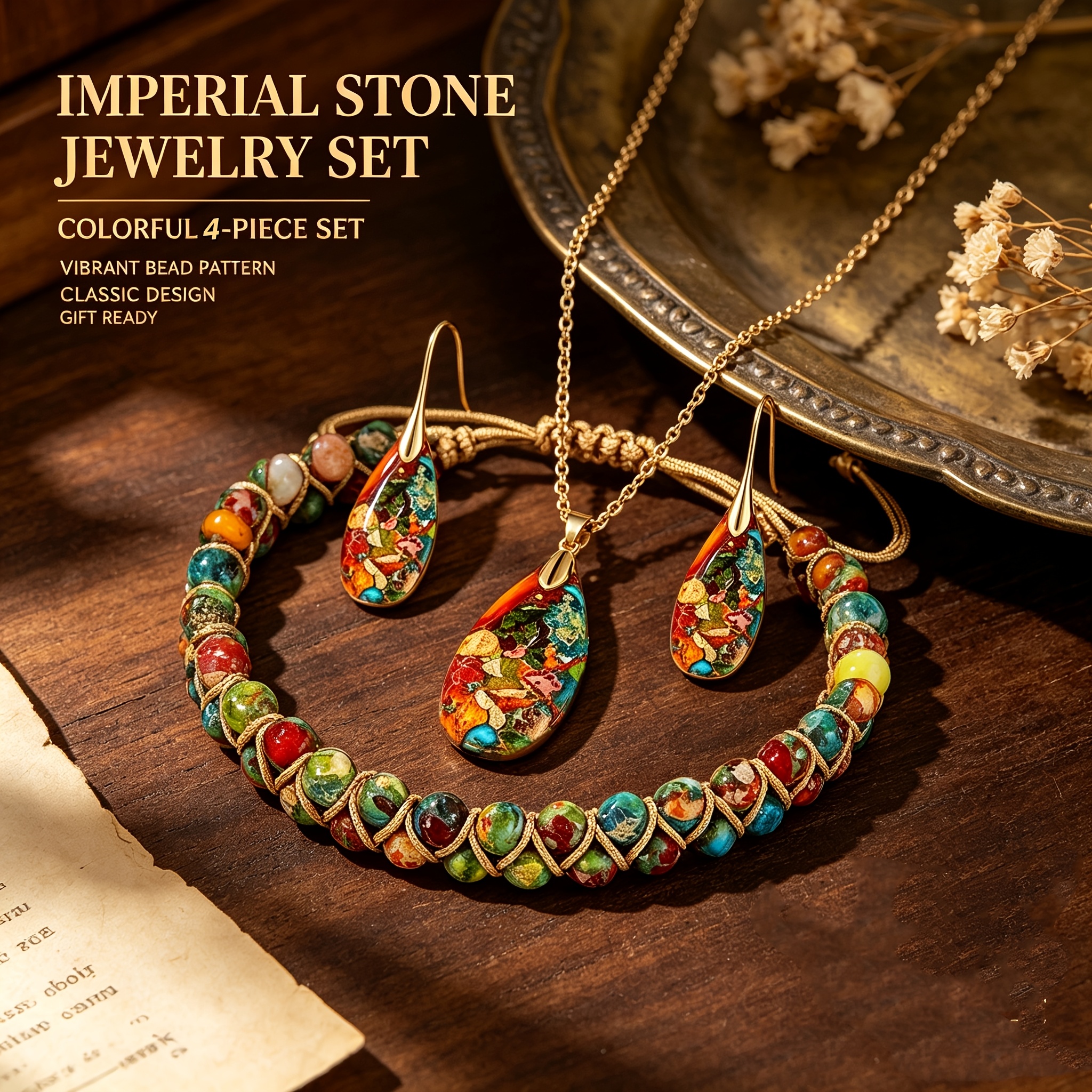 TEMU Set di gioielli da 4 pezzi in pietra colorata, collana con ciondolo a , orecchini pendenti e bracciale regolabile con accenti dorati, gioielli a