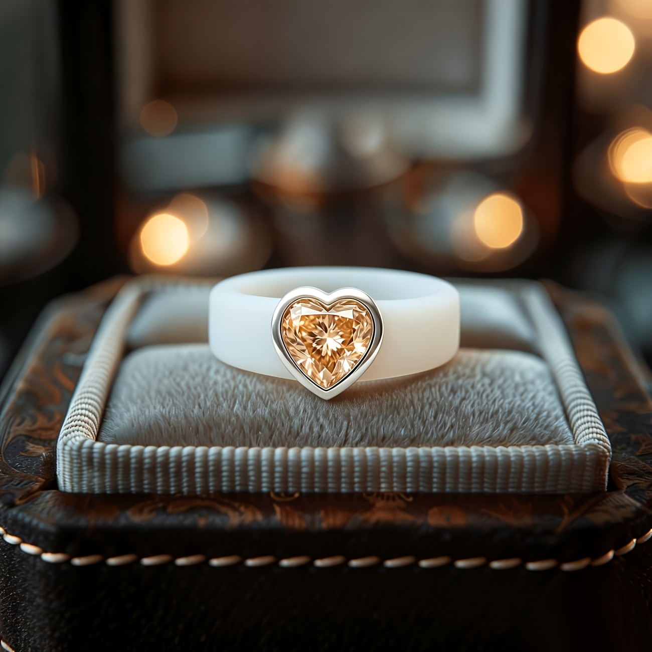 14K Gold Plated White Silicone Ring with Heart-Shaped CZ