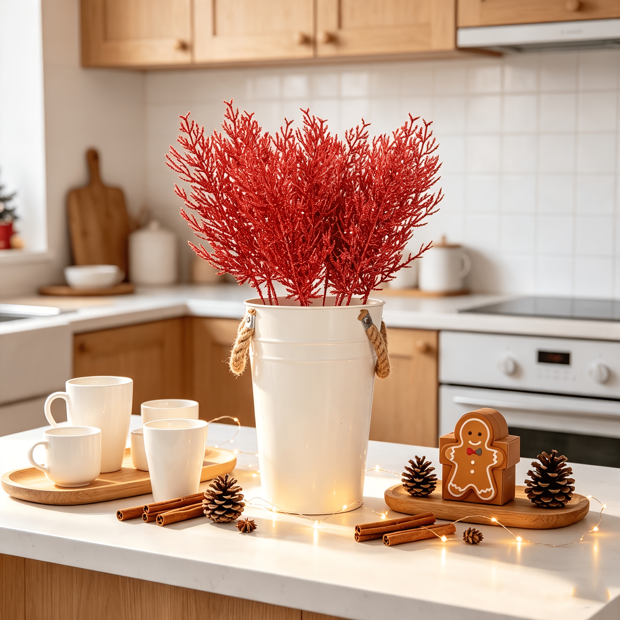 TEMU 12pcs Christmas Decorative Flowers - Red Artificial Pine Branches - 13.5-inch Sparkle Artificial Pine Twigs - Red Artificial Pine Needles,