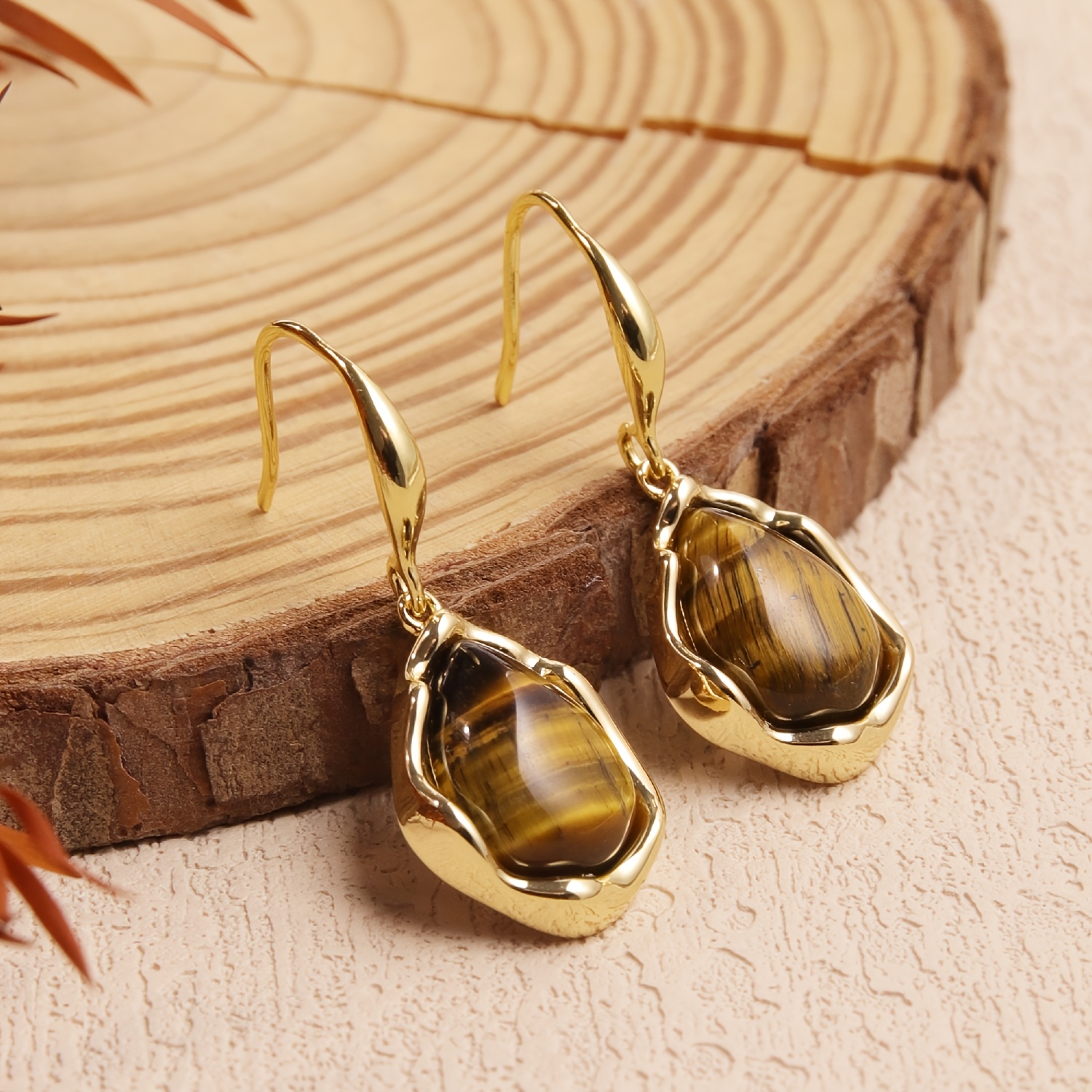 TEMU 1 Paire de Boucles d'Oreilles Élégantes et Intemporelles en Naturelle à , avec Œil de Tigre et Crochet Doré, Bijoux de Mode en Naturelle pour