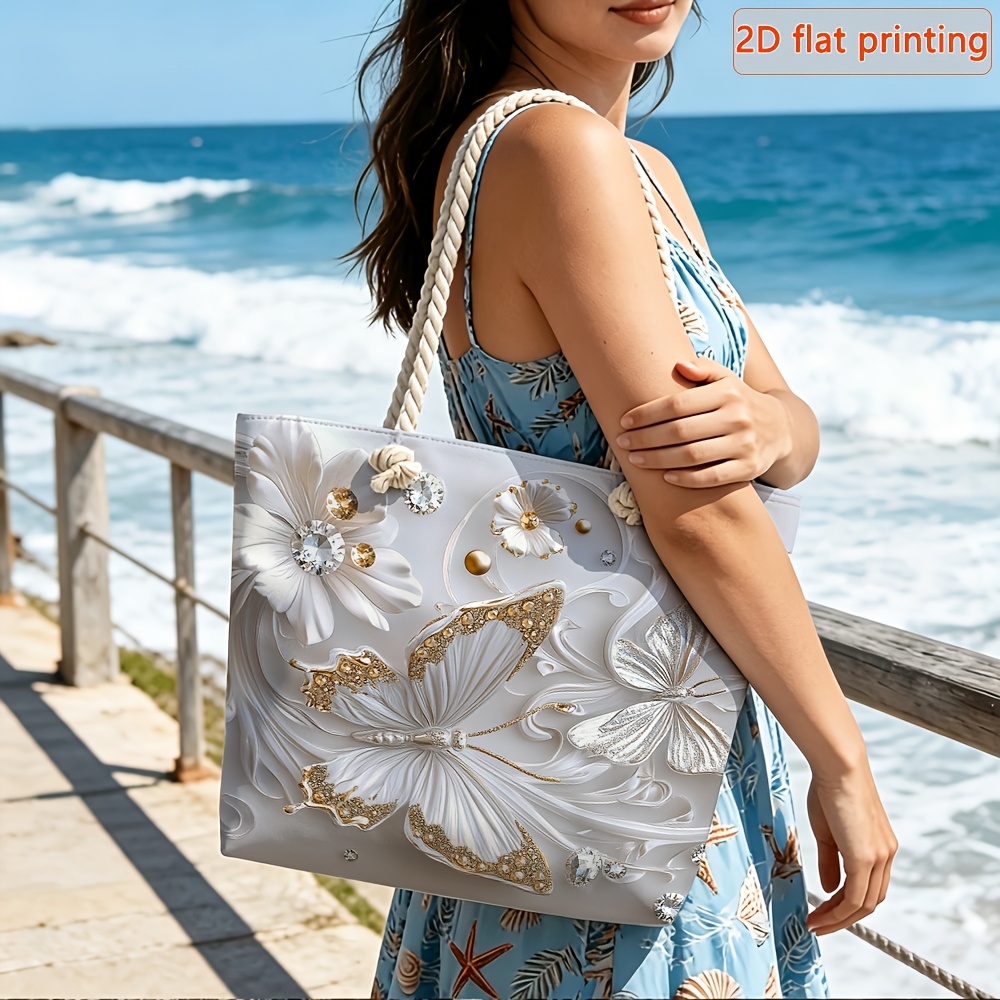 TEMU 1pc 2d Flat Women's Large Capacity Travel Tote Bag, Luxurious Platinum Decor Printed Pattern - Fiber Beach Bag, Double Comfortable Handles And