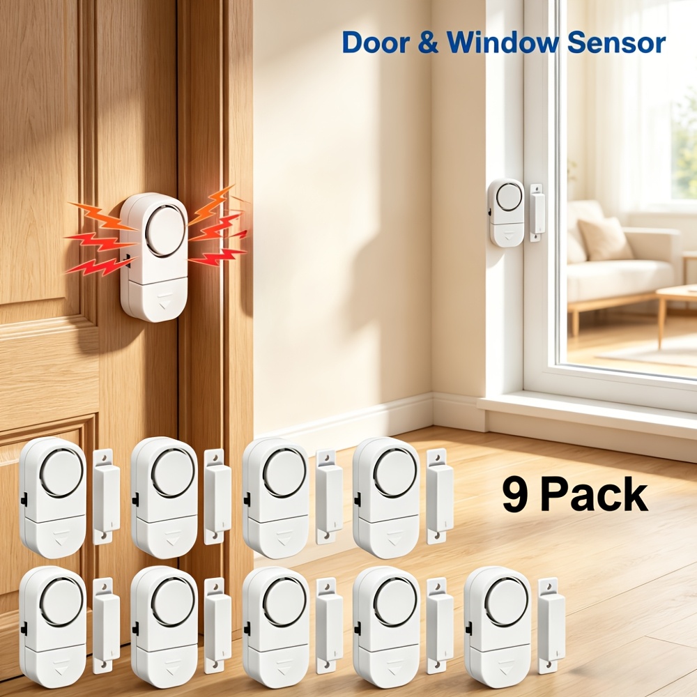 TEMU 9 Pack Door Alarm Magnetic Sensor With Adhesive-mounted High-decibel Alarm System, Suitable For Home Security, Door/window , Installation For