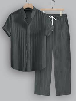 mens summer solid color striped 2pcs set casual and fashionable stand up collar short sleeved shirt drawstring trousers suitable for summer casual daily wear beach vacation