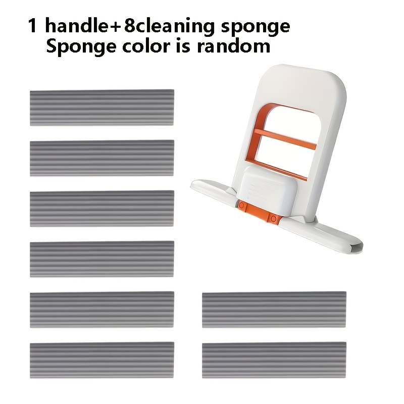 Image of 9pcs Set: 1 Mop + 8 Sponges - Compact Waterless Desk Wiper Mop, Foldable Design, System For Home, Office, Bath And Kitchen, Perfect For Small Spaces And Dorms, Durable Plastic.