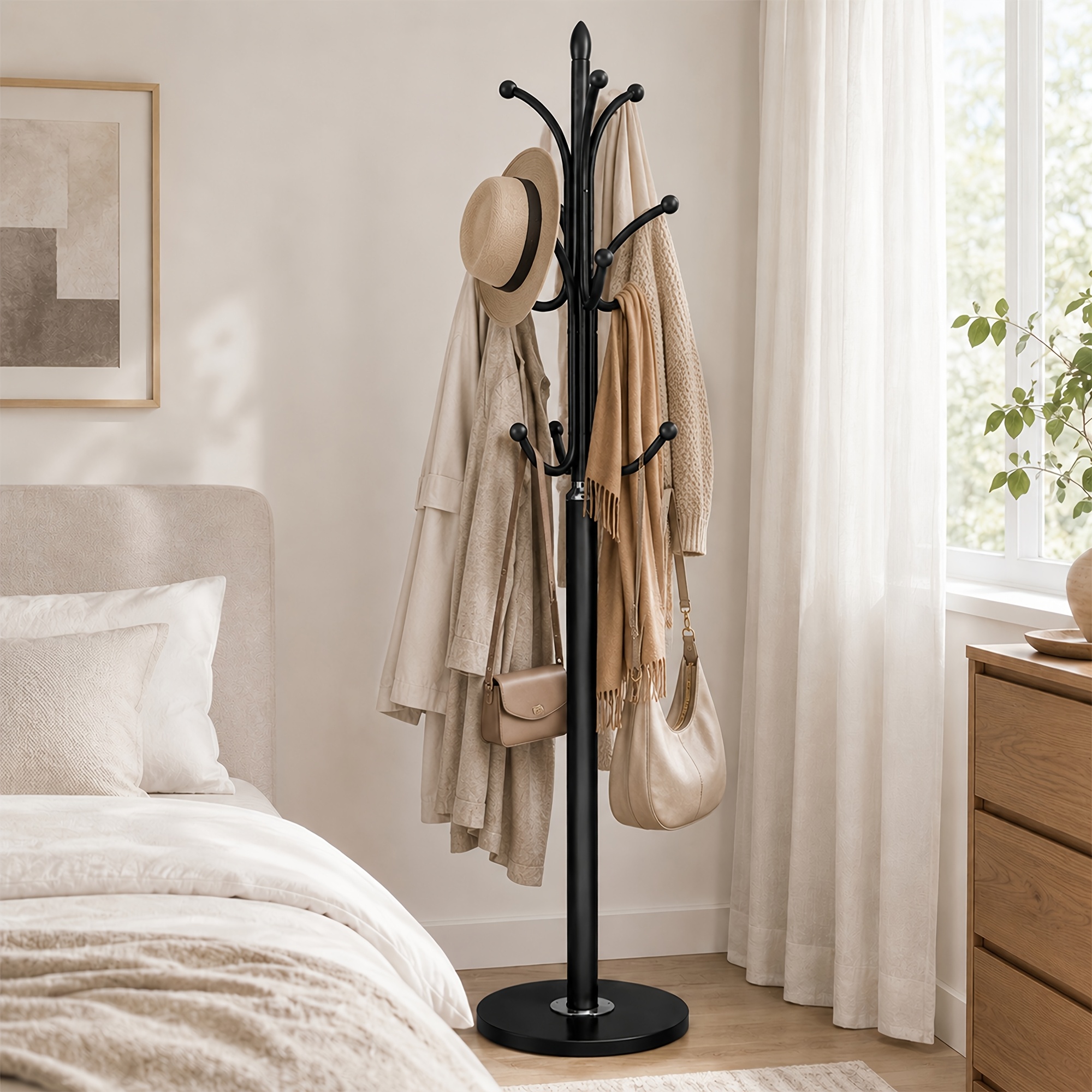 TEMU Coat Stand, Metal Coat Rack With Marble Base, 12 Hooks, For Hallway, Entryway, Office, 33 X 33 X 180cm, Black