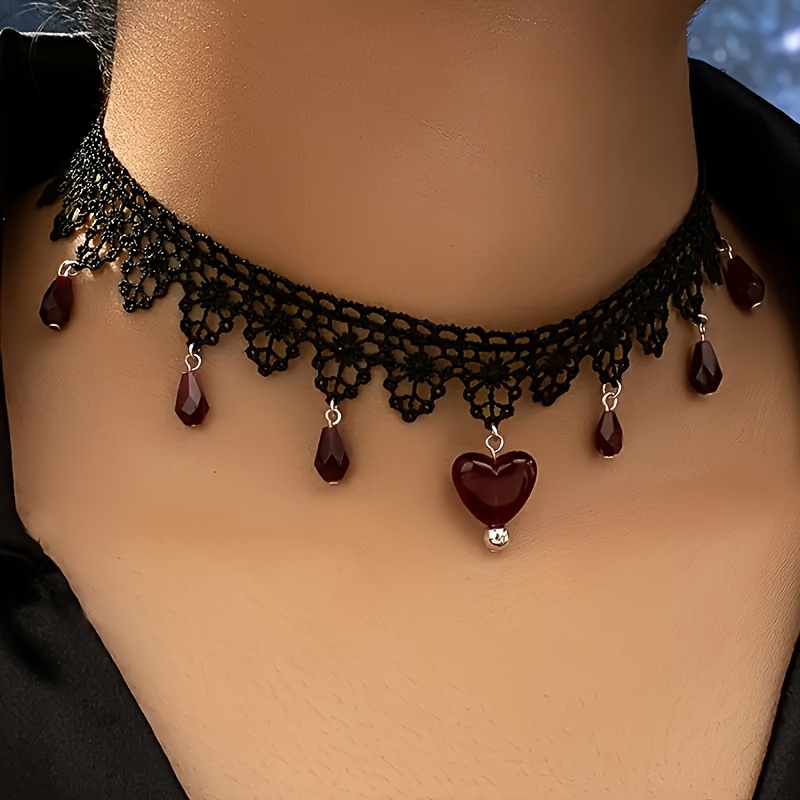 TEMU A Vintage-style Gothic Fashion Necklace Featuring A Red Heart Pendant With Black Lace That Fits Around The Neck