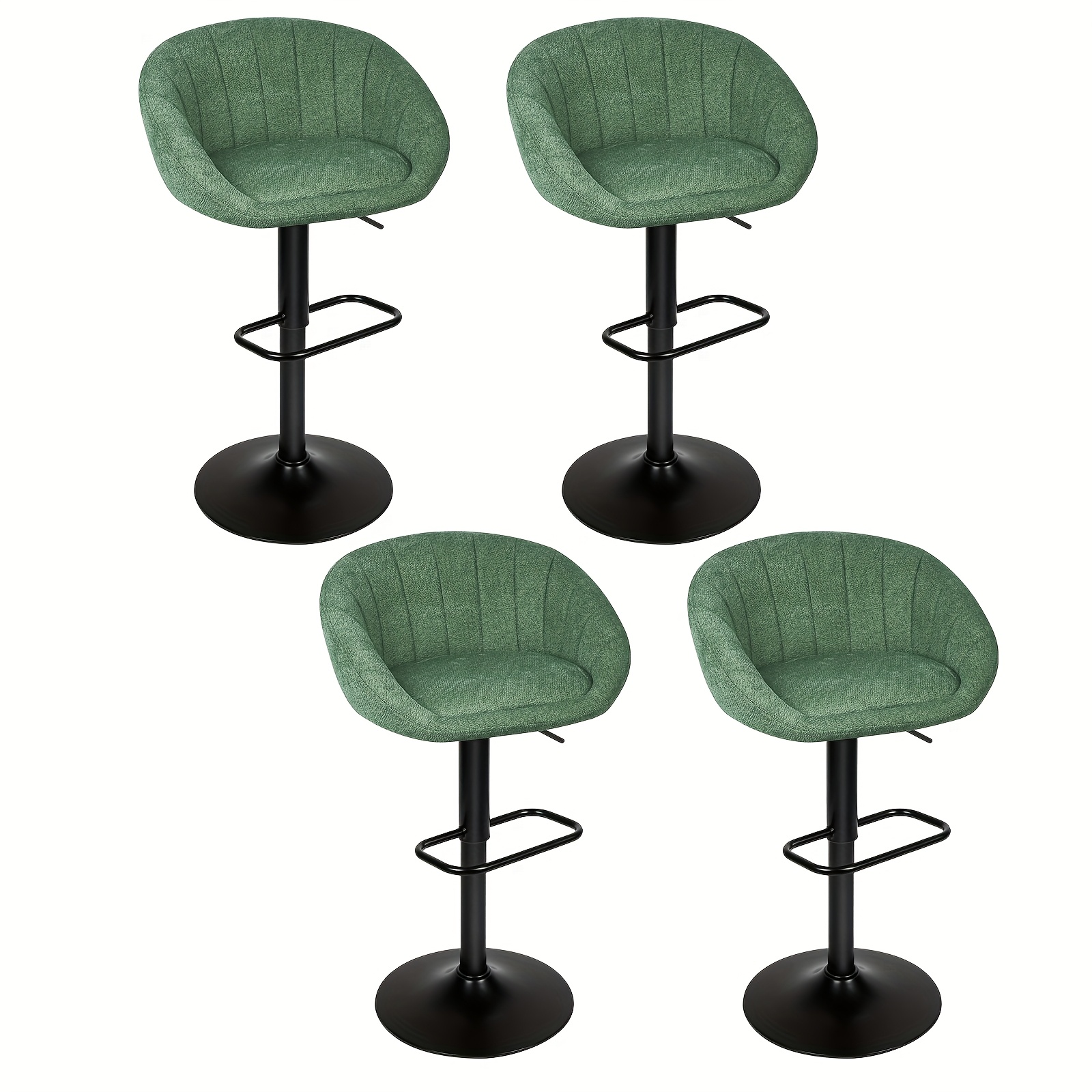 Image of A Set Of 4 Height-adjustable Linen Bar Stools, 52-72 Cm High, With Thick Green Fabric Covers And Black Metal Frames. Country- Stools Are Suitable For Kitchen Islands And Home Décor.