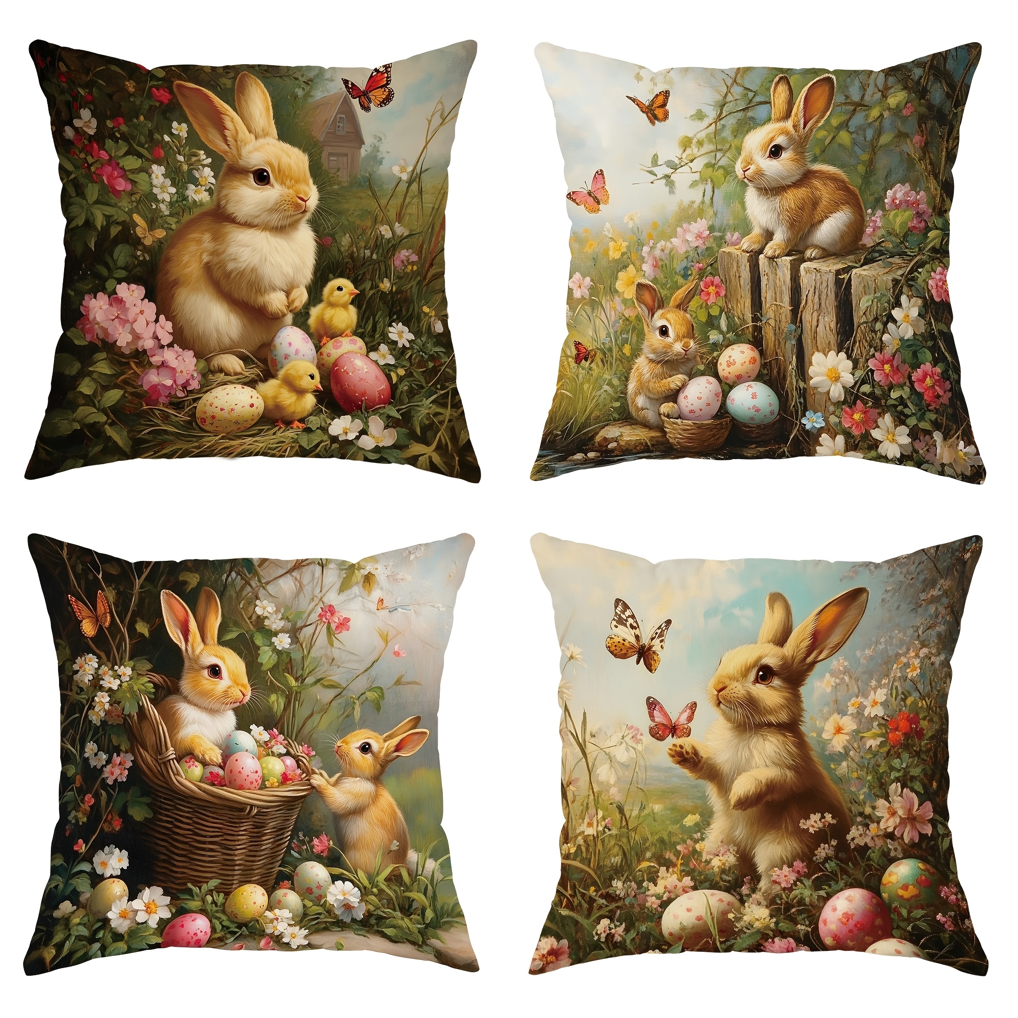 

4pcs décoration de Pâques lapin œufs de Pâques lapin floral velours housses de coussin cottagecore rose vert décoratif imprimé d'un pour salon chambre canapé-lit décor inserts de coussin