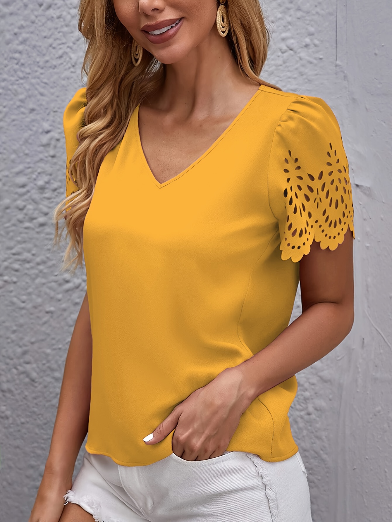 Elegant Casual Short-Sleeve Top for Women with Laser-Cut Scalloped Edges.