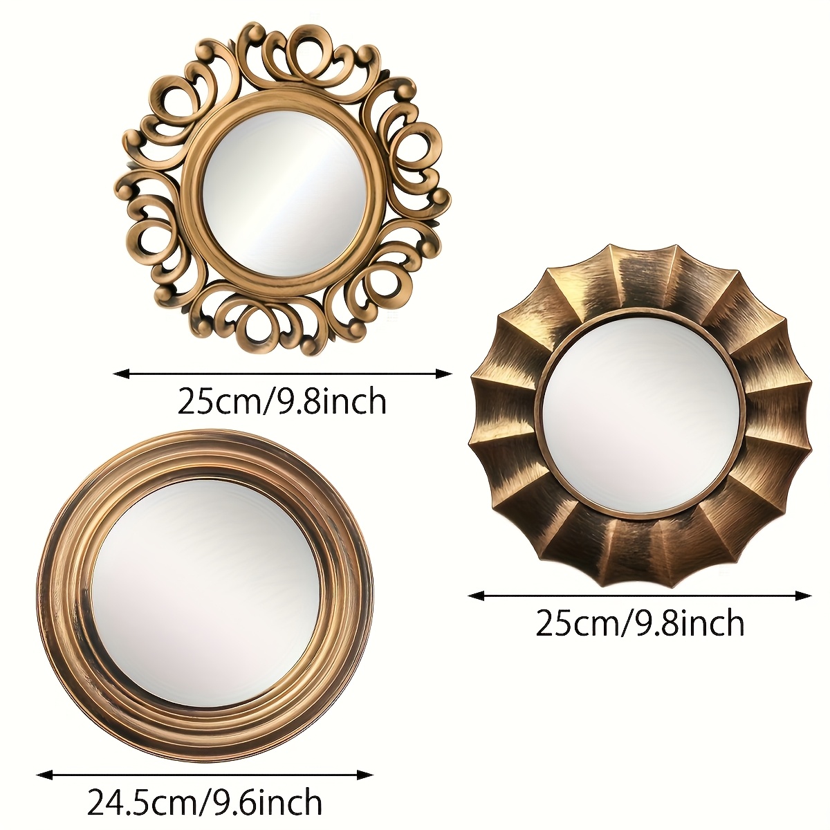 Image of 3pcs Vintage Golden Round Wall Mirrors - Decorative Hanging Decor For Living Room, Bedroom, Dining Room - With Wall Mount Hook - No Electricity Needed