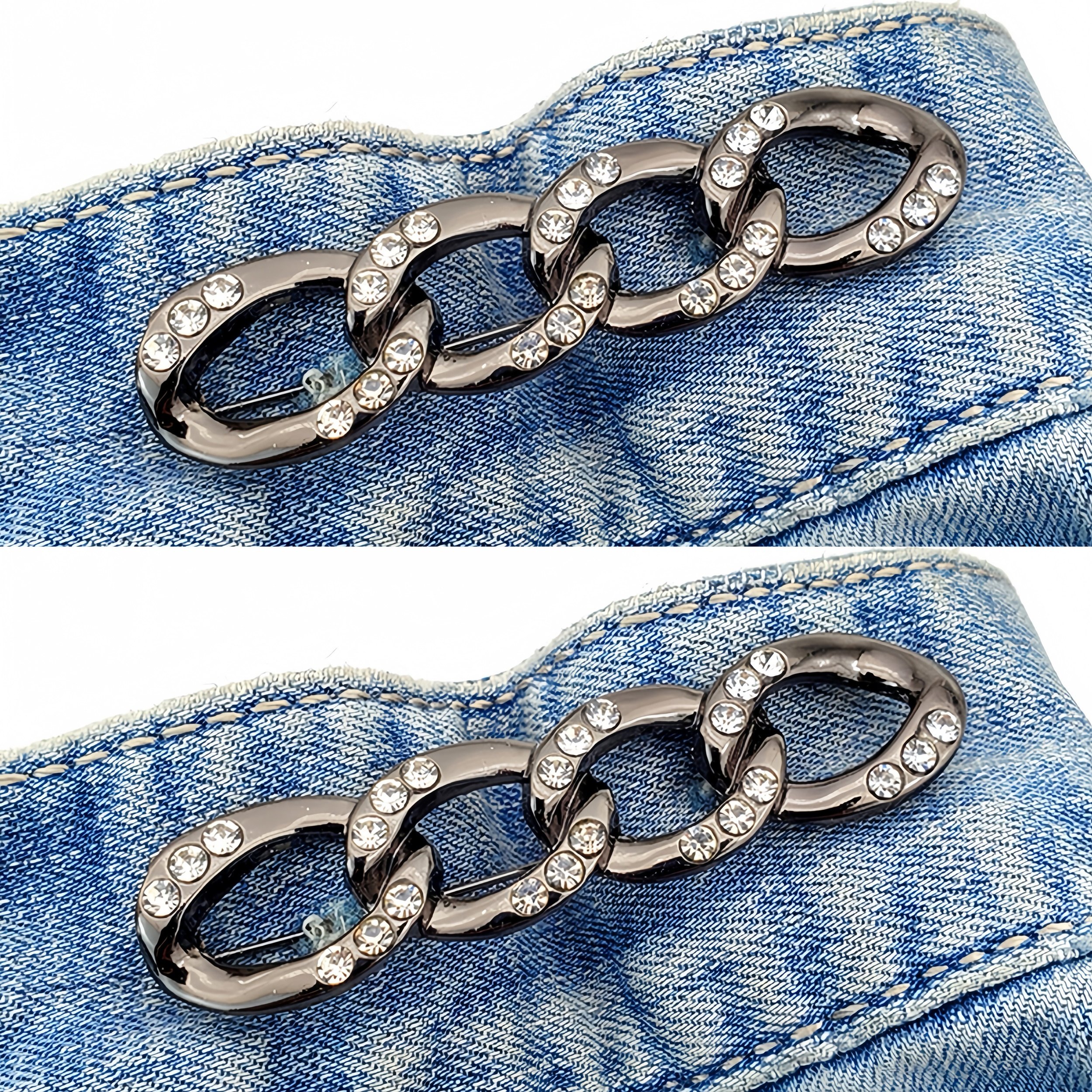 

2pcs Rhinestone Chain Waist Cincher Buttons For Jeans, No-sew Adjustable Denim Tightener Pins, Detachable Metal Fasteners For Women's Skirts & Apparel