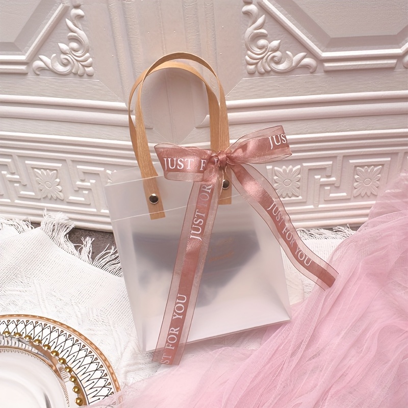 TEMU Set Of 10 Stylish Clear Plastic Gift Bags Featuring Decorative Ribbon Bows - Strong Transparent Tote Bags Suitable For Birthday Celebrations,