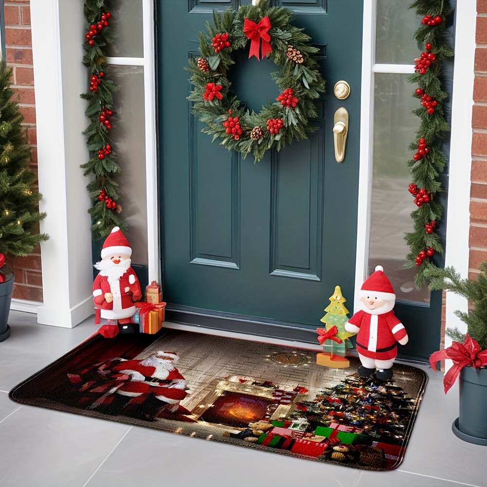 

Christmas Santa Claus Fire Pit Print Door Mat - Non-slip, Stain-resistant Polyester Rug For Home Decor, Bedroom, Living Room, Kitchen Entrance