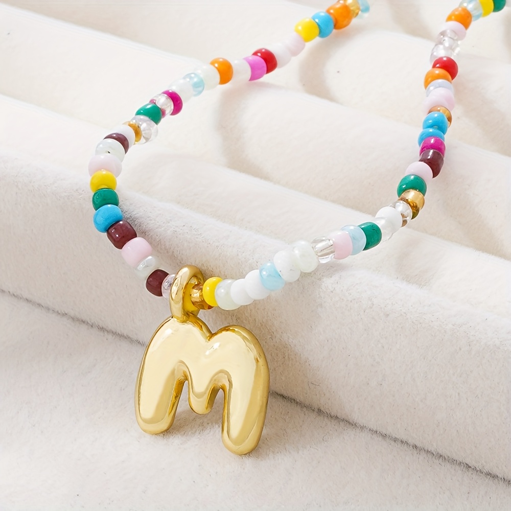 TEMU 1pc 26 Letter Enamel Pendant Necklace - Colorful Rice Beads Adjustable Chain, Trendy Bff Jewelry For Festival Festival Birthday Gift